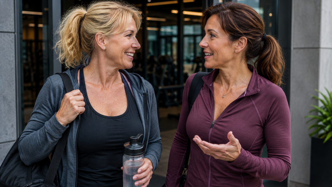 Dos mujeres conversando a la salida de un gimnasio tras finalizar su entrenamiento.