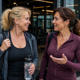 Dos mujeres conversando a la salida de un gimnasio tras finalizar su entrenamiento.