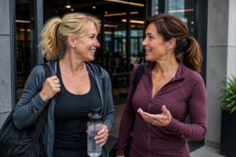 Dos mujeres conversando a la salida de un gimnasio tras finalizar su entrenamiento.
