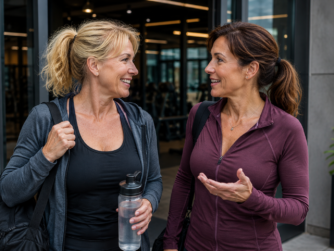 Dos mujeres conversando a la salida de un gimnasio tras finalizar su entrenamiento.