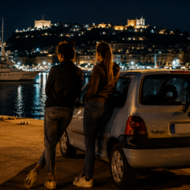Dos jóvenes detectives junto a un coche en un puerto deportivo durante una investigación nocturna.