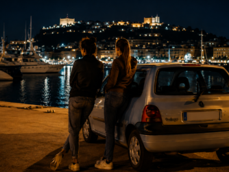 Dos jóvenes detectives junto a un coche en un puerto deportivo durante una investigación nocturna.