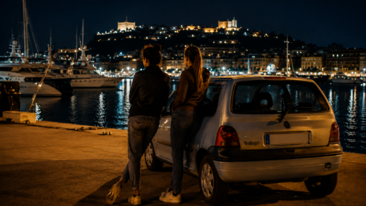 Dos jóvenes detectives junto a un coche en un puerto deportivo durante una investigación nocturna.