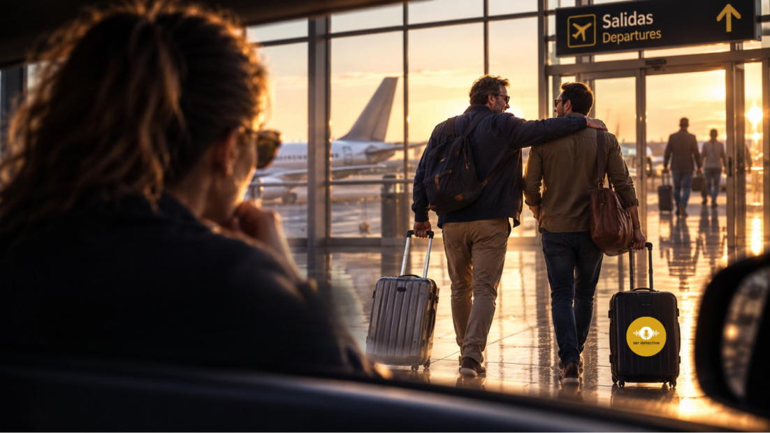 Mujer observando a dos hombres que parten de viaje juntos en un aeropuerto al atardecer, imagen destacada del relato "Ese amigo suyo"