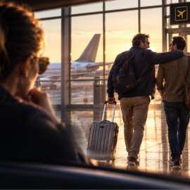Mujer observando a dos hombres que parten de viaje juntos en un aeropuerto al atardecer, imagen destacada del relato "Ese amigo suyo"