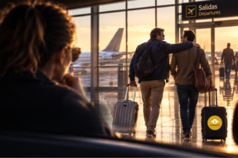Mujer observando a dos hombres que parten de viaje juntos en un aeropuerto al atardecer, imagen destacada del relato "Ese amigo suyo"