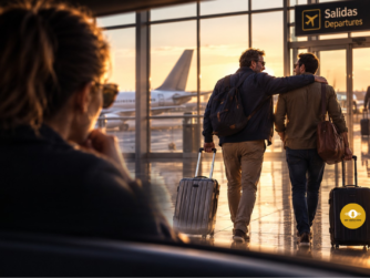 Mujer observando a dos hombres que parten de viaje juntos en un aeropuerto al atardecer, imagen destacada del relato "Ese amigo suyo"