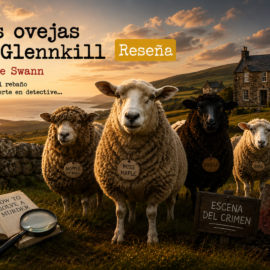 Rebaño de ovejas caracterizadas como un peculiar equipo de detectives en una escena inspirada en la novela Las ovejas de Glennkill.