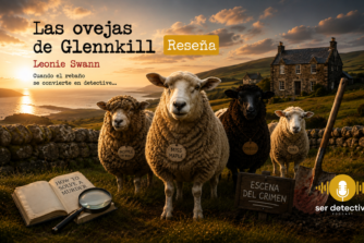 Rebaño de ovejas caracterizadas como un peculiar equipo de detectives en una escena inspirada en la novela Las ovejas de Glennkill.