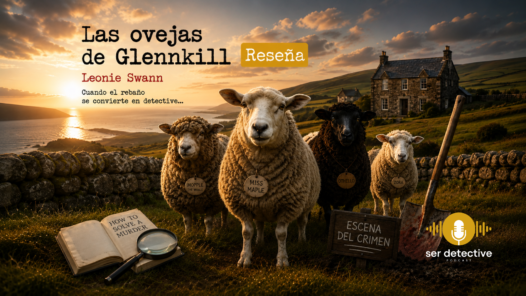Rebaño de ovejas caracterizadas como un peculiar equipo de detectives en una escena inspirada en la novela Las ovejas de Glennkill.