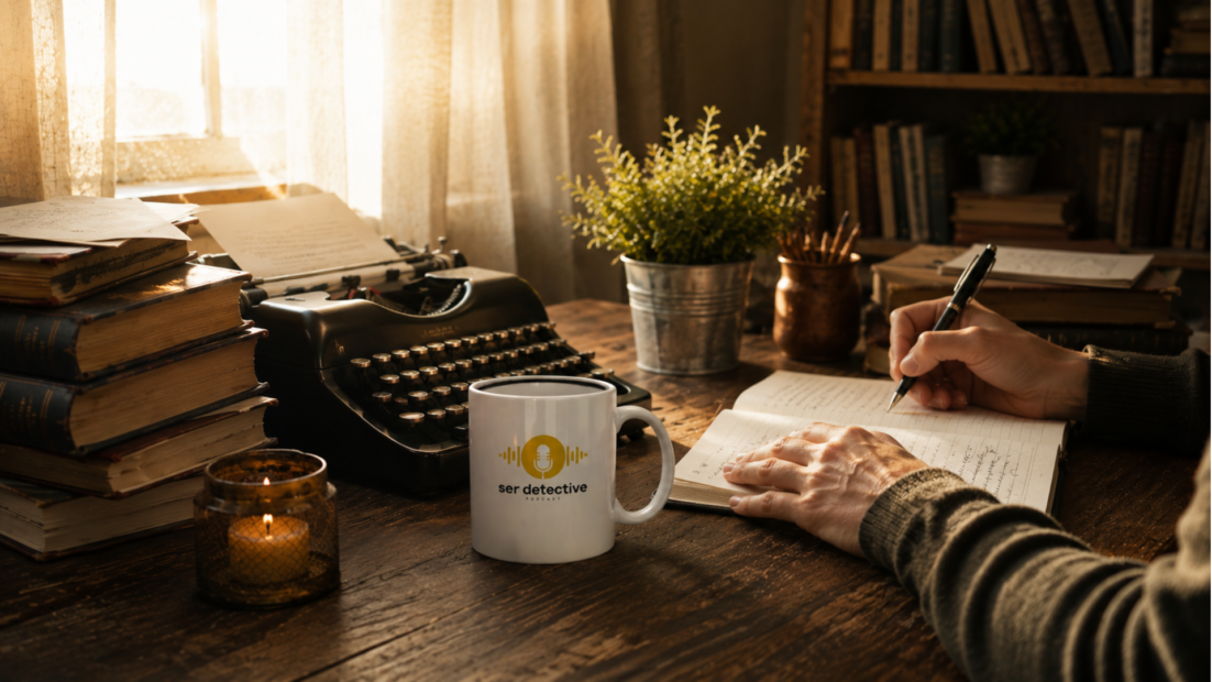 Persona escribiendo en un cuaderno junto a una máquina de escribir y una taza de Ser Detective