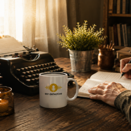 Persona escribiendo en un cuaderno junto a una máquina de escribir y una taza de Ser Detective