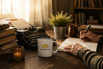 Persona escribiendo en un cuaderno junto a una máquina de escribir y una taza de Ser Detective