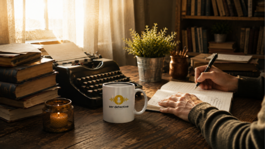 Persona escribiendo en un cuaderno junto a una máquina de escribir y una taza de Ser Detective