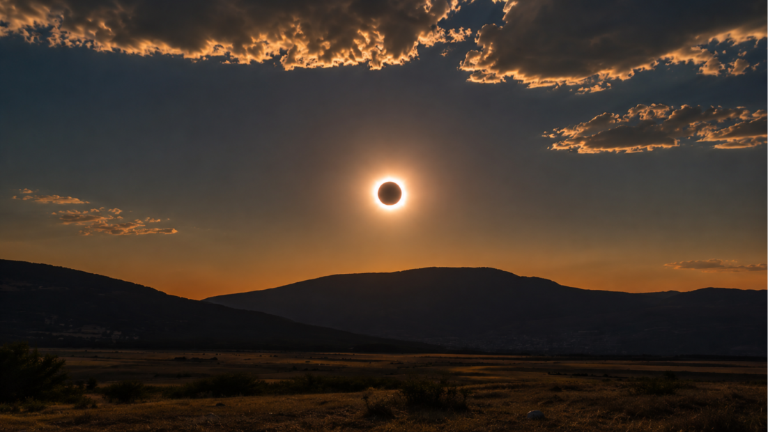 Eclipse solar del 12 de agosto de 2026 sobre un paisaje montañoso