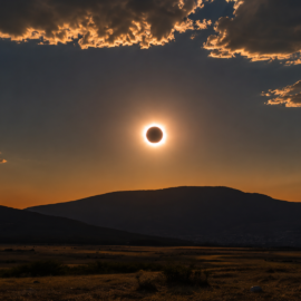 Eclipse solar del 12 de agosto de 2026 sobre un paisaje montañoso