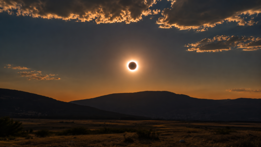 Eclipse solar del 12 de agosto de 2026 sobre un paisaje montañoso